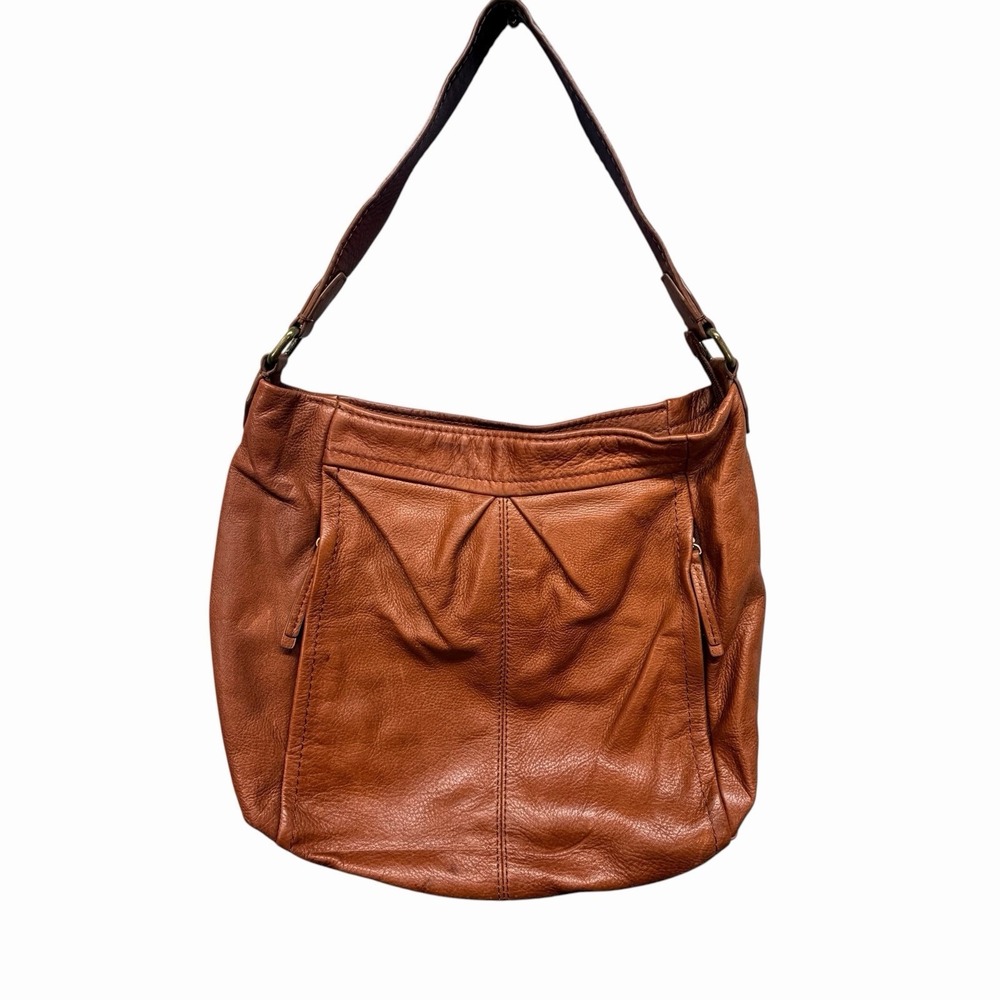 American Leather Co Austin Cognac Brown Pebbled Leather Hobo Shoulder Bag Zipper - Picture 3 of 11